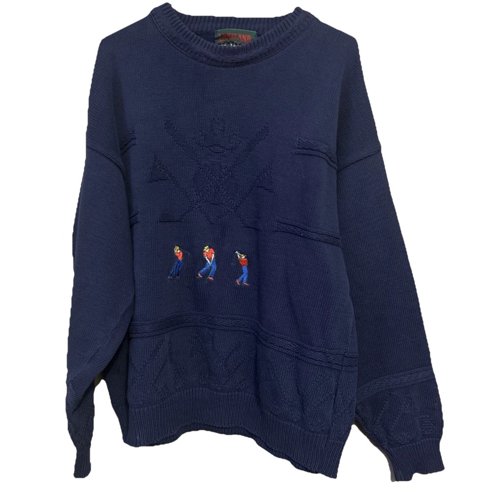 VTG LAKELAND Canada Chunky 3D Knit Sweater Men's L Golf Club Pattern Navy Golfer